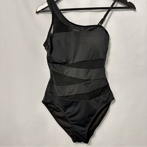 NEW Tempt Me Black 1 Piece Swimsuit Size Small One Shoulder Mesh Insets
